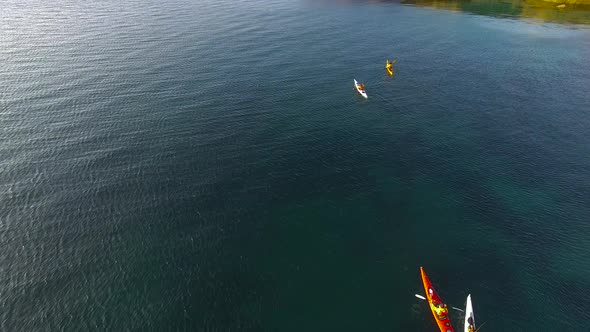 Bird's eye view of tourists kayaking off the coast of Peninsula Valdes, Chubut Province, Argentina