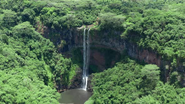 Aerial View Forward Shot on Waterfall in Forest