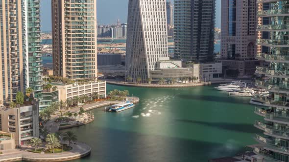 Aerial View of Dubai Marina Residential and Office Skyscrapers with Waterfront Timelapse