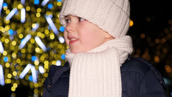 A Beautiful Preschool Child of 4 Years Old Has Fun Near the Christmas Tree