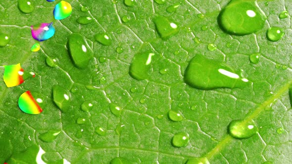 Rainbow Reflected In Droplets On The Leaf