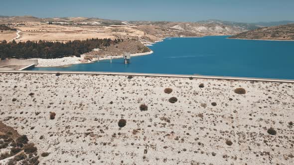 Panoramic Drone View of Dam Reservoir on Blue Lake River in Countryside Nature Landscape in Cyprus