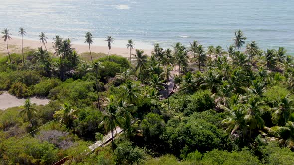 Aerial View of Tropical White Sand Beach and Turquoise Clear Sea Water with Small Waves.