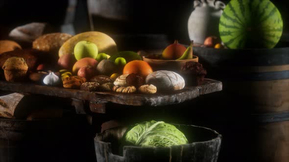 Food Table with Wine Barrels and Some Fruits Vegetables and Bread