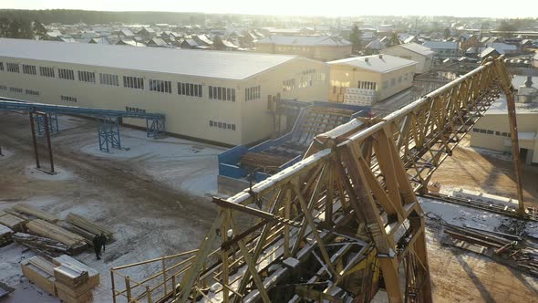 Aerial View of Automated Log Sorting Line. Wooden Beam on Conveyor, Wood Processing at a Woodworking