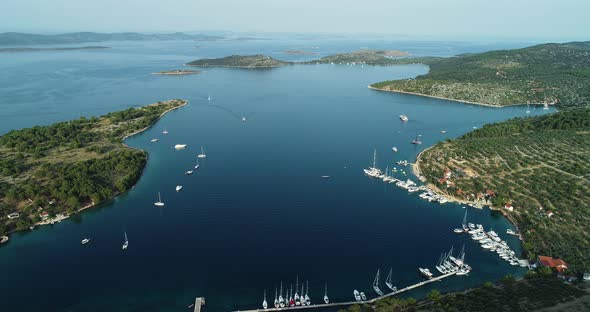 Aerial view of a boat harbour on Zut Island, Croatia.