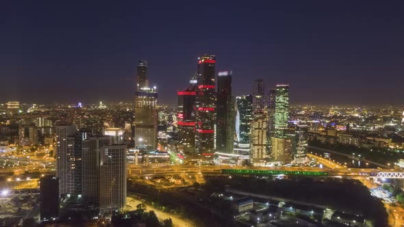 Moscow City Business Center and City Skyline at Night. Russia. Aerial View