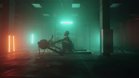 A Man and a Woman in a Colored Neon Red and Blue Light Do a Workout on a Rowing Simulator Together