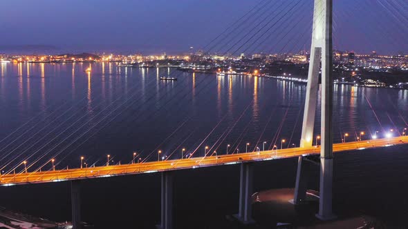 Night View From a Drone of the Longest Cablestayed Bridge in Russia Vladivostok