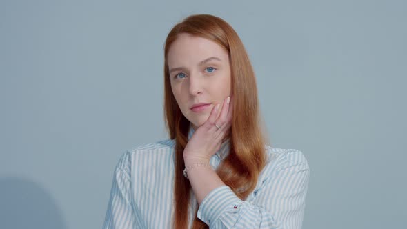 Gingerhead Red Hair, Ginger Hair Model with Blue Eyes on Blue Background