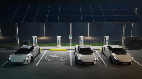 Electric cars connected to the charging station. Vehicles using renewable energy