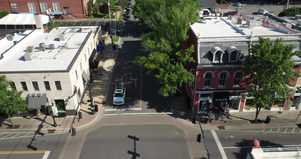 Franklin, Tennessee downtown buildings with drone video moving sideways.