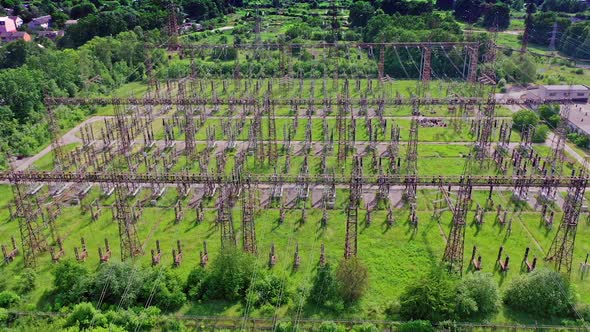 Electrical power plant. High voltage lines of electrical distribution stations