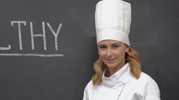 Smiling Lady Cook Looking to Camera, Preparing Healthy Food, Organic Ingredients