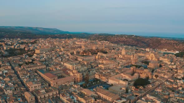 Flying over of Noto Baroque old town in Island of Sicily Italy 4K