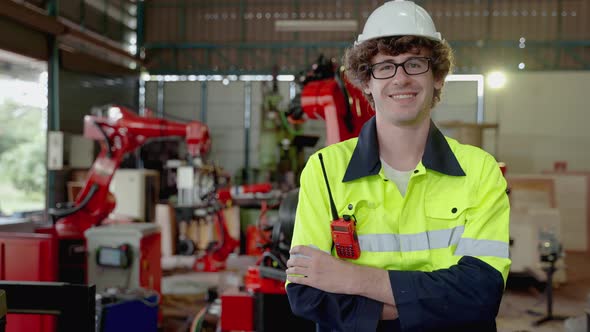 young Caucasian engineer is presenting and explaining how a robotic arm works and smile in a factory