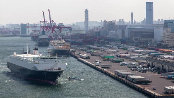 Timelapse Cargo Vessel Moors To Tokyo Container Port Berth