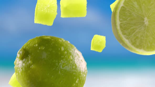 Lime with Slices Falling on Sky Background