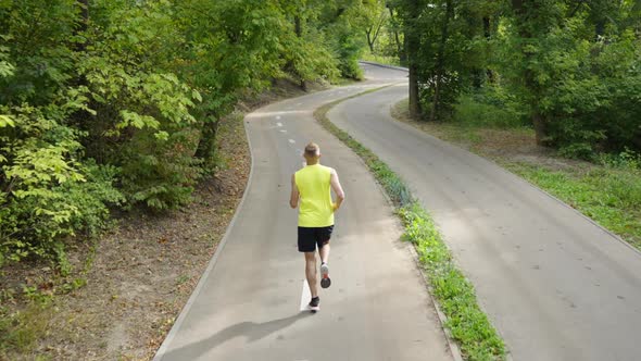 Man Jogging on Empty Road Between Trees