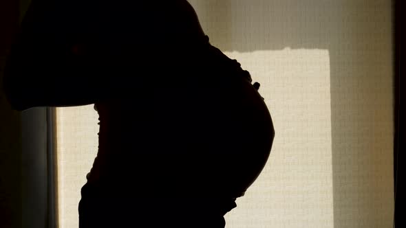 Silhouette Of Pregnant Woman Stands At Window And Strokes Her Stomach