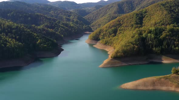 Aerial view at Zaovine lake from Tara mountain in Serbia