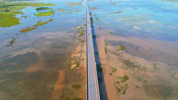 Aerial view over large wetlands in Thale Noi, Phatthalung, Thailand. 4K drone