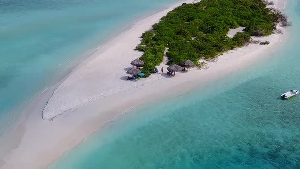 Drone travel of lagoon beach by blue sea and sand background