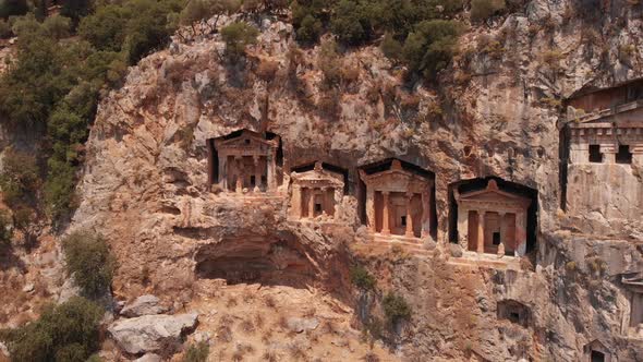 Aerial View of Ancient Lycian Tombs Carved Into the Rock for the Nobility Turkey