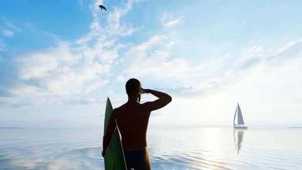 Surfer Man and Blue Ocean Landscape alt
