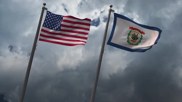 Waving Flags Of The United States And The  West Virginia State 4K