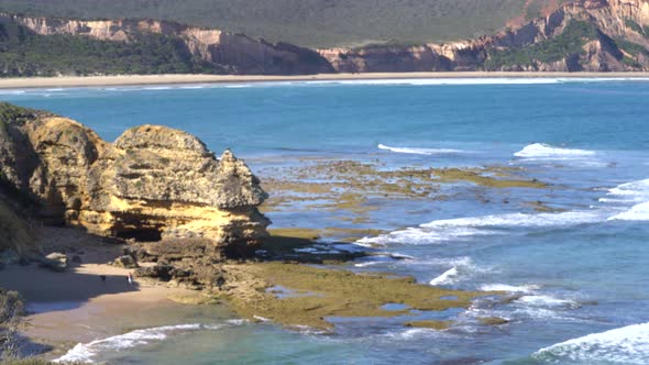 Ocean View at Bells Beach Torquay Victoria South Pacific with waves hitting the shore and rocks. (Gr