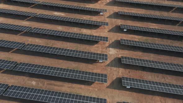 Aerial View of Complex Rows of Solar Panels Recently Installed on a Solar Farm