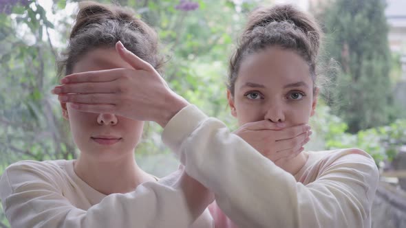 Portrait of Serious Beautiful Twin Sisters Covering Each Other Mouth and Eyes with Hand Looking at