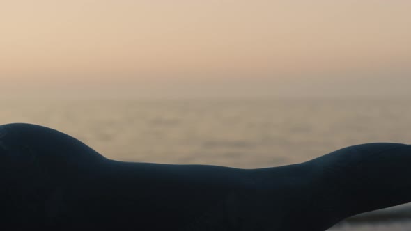 Athletic Woman Standing Warrior Asana on Beach Closeup