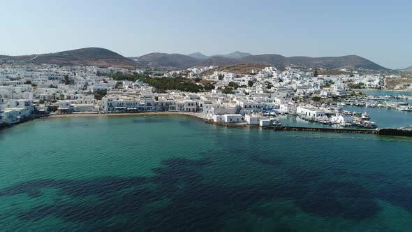 Town of Naoussa on the island of Paros in the Cyclades in Greece seen from th