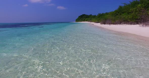 Daytime above abstract shot of a white paradise beach and turquoise sea background in vibrant