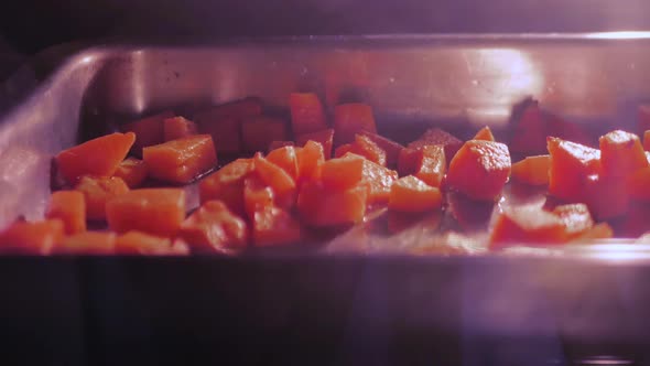 Grilling butternut in oven, panning shot.