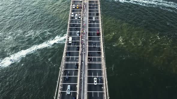 Drone footage showing Brooklyn Bridge.