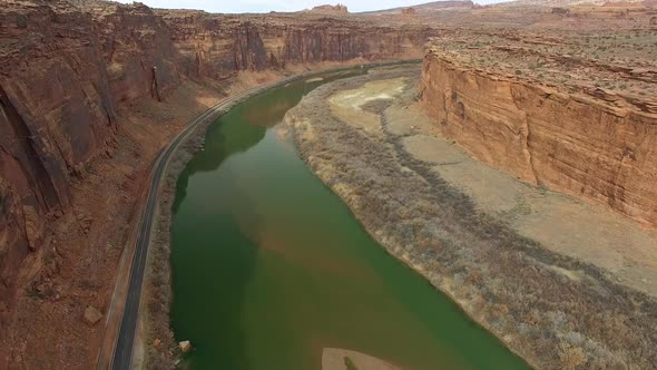 Aerial view of the Colorado river flowing through a canyon