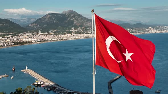 Turkish flag aerıal vıew 4 K Turkey Alanya