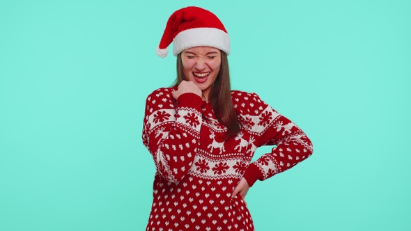 Cheerful Girl in Red Sweater Christmas Santa Shouting Celebrating Success Winning Goal Achievemen