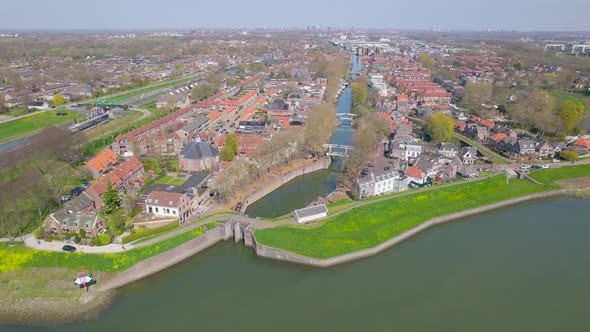 Aerial view approaching canal in Vreeswijk, Utrecht
