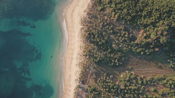 Top Down Slow Motion of Tropic Seascape at Sand Beach Aerial