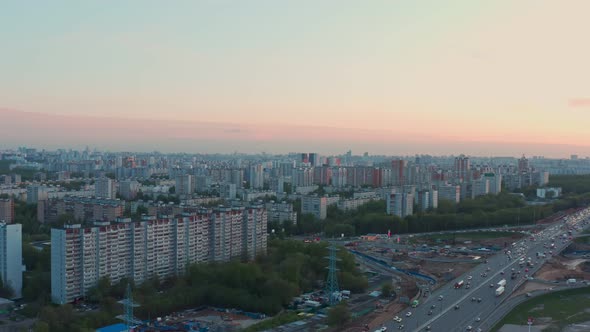 Modern Sleeping Area on the Outskirts of Moscow in Summer at Sunrise Aerial View
