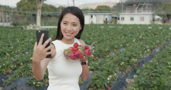 Woman holding strawberry in the field