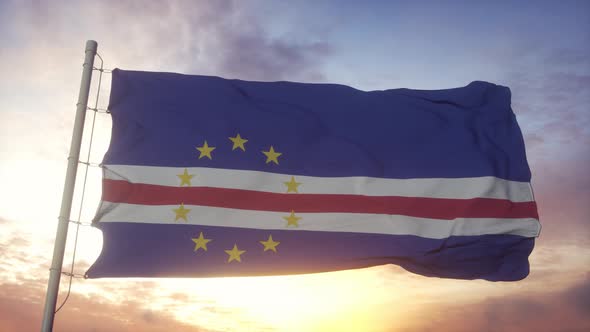 Flag of Cabo Verde Waving in the Wind Sky and Sun Background