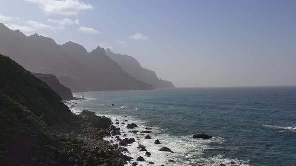 Mountainous Benijo beach,Tenerife,Spain,with rocks and cliffs,Atlantic ocean.