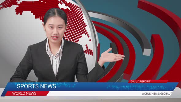 Live News Studio With Asian Professional Female Anchor Pointing To Side While Reporting On The Event