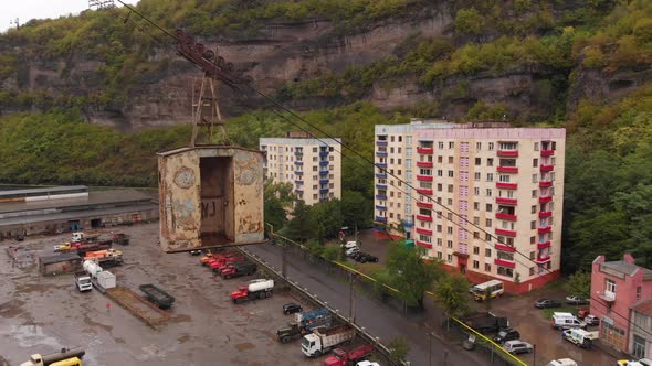 Aerial View of an Old Industrial Cable Car in Chiatura Miners Town Georgia