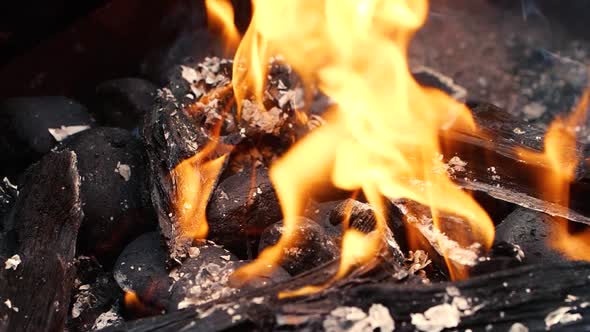 Super Slow Motion of Real Burning Fire Flame Closeup Night Bonfire Fireplace